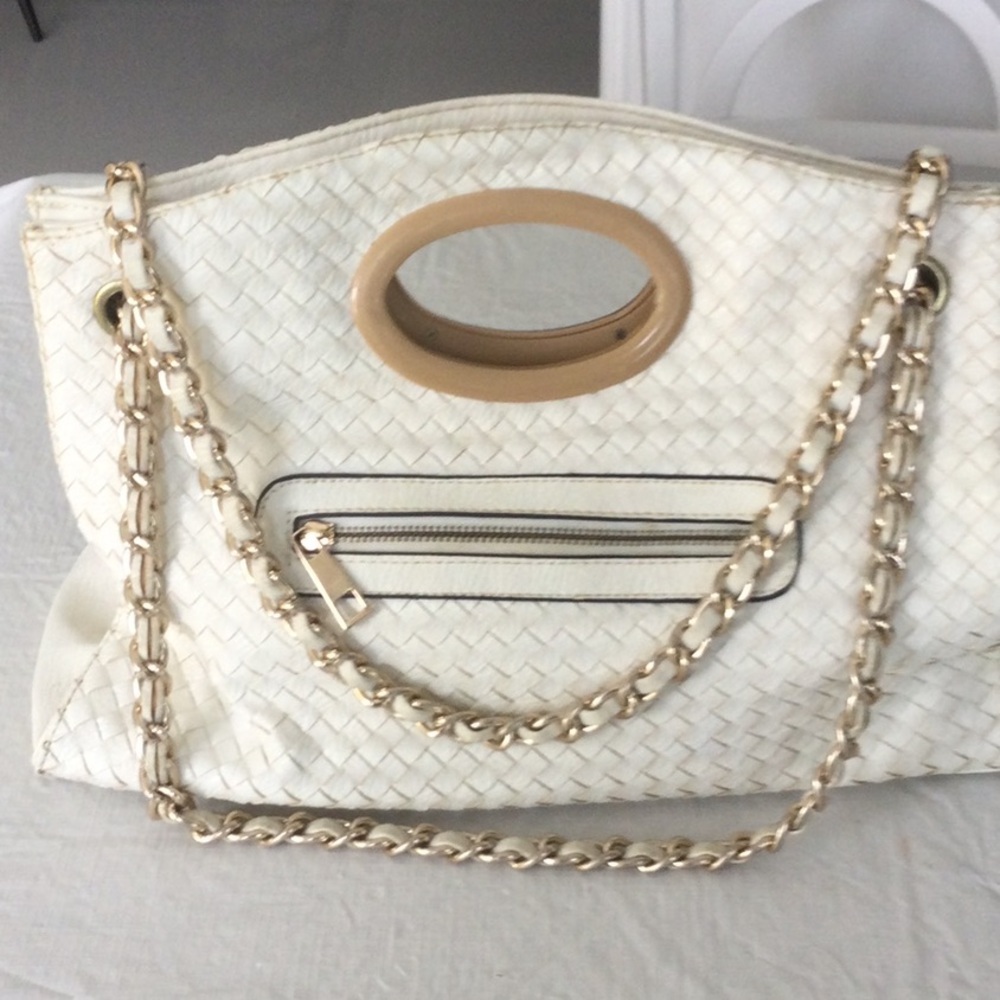 Elegant White Woven leather clutch bag with Gold tone Chain strap and oval handl